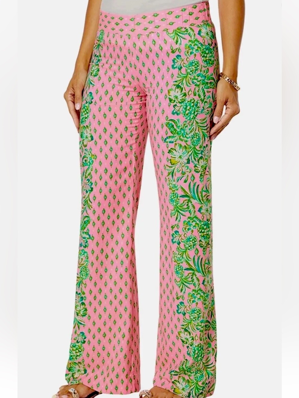 Lilly Pulitzer Pink Bal Harbour Wide-Leg Palazzo Pants with Green Floral Border